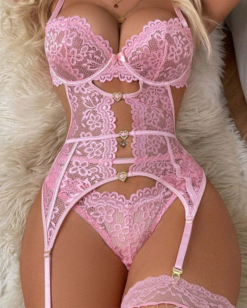 Garter Lingerie for Floral Lace Babydoll TeddiesBodysuits