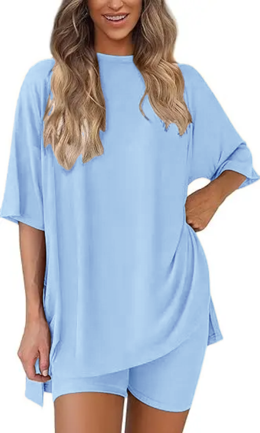 🎁Women's Two Piece Lounge Set 2025 Summer Casual Oversized Shirts Biker Shorts Matching Airport Travel Outfit