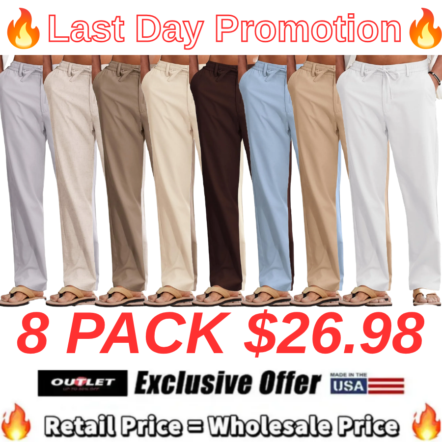 Mens Cotton Linen Pants Casual Drawstring Summer Beach Pants Lightweight Linen Dress Trousers