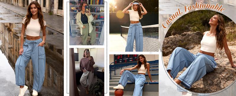 Tanming Women's High Waisted Barrel Sweatpants Baggy Wide Leg Drawstring Joggers with Pockets and Seam Stitch Details | Regular Lined for Fall & Spring, Cozy Fleece Lined for Winter