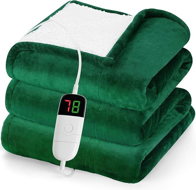 Electric Heated Wearable Blanket - Flannel & Sherpa,  6 Heating Levels & Timer, Wearable with Built-in Foot Pockets & Sleeves
