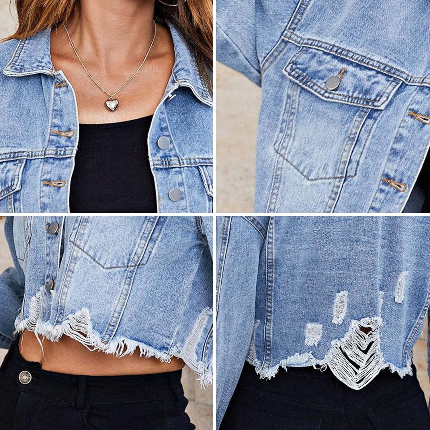 🔥Last day promotion⏰—Womens Washed Crop Denim Jacket With Pockets