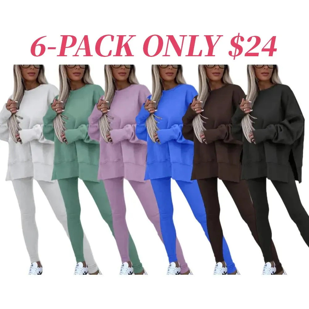 🔥6 PACKS $24🔥-Women's Drop-Shoulder Split Hem Sweatsuit Set