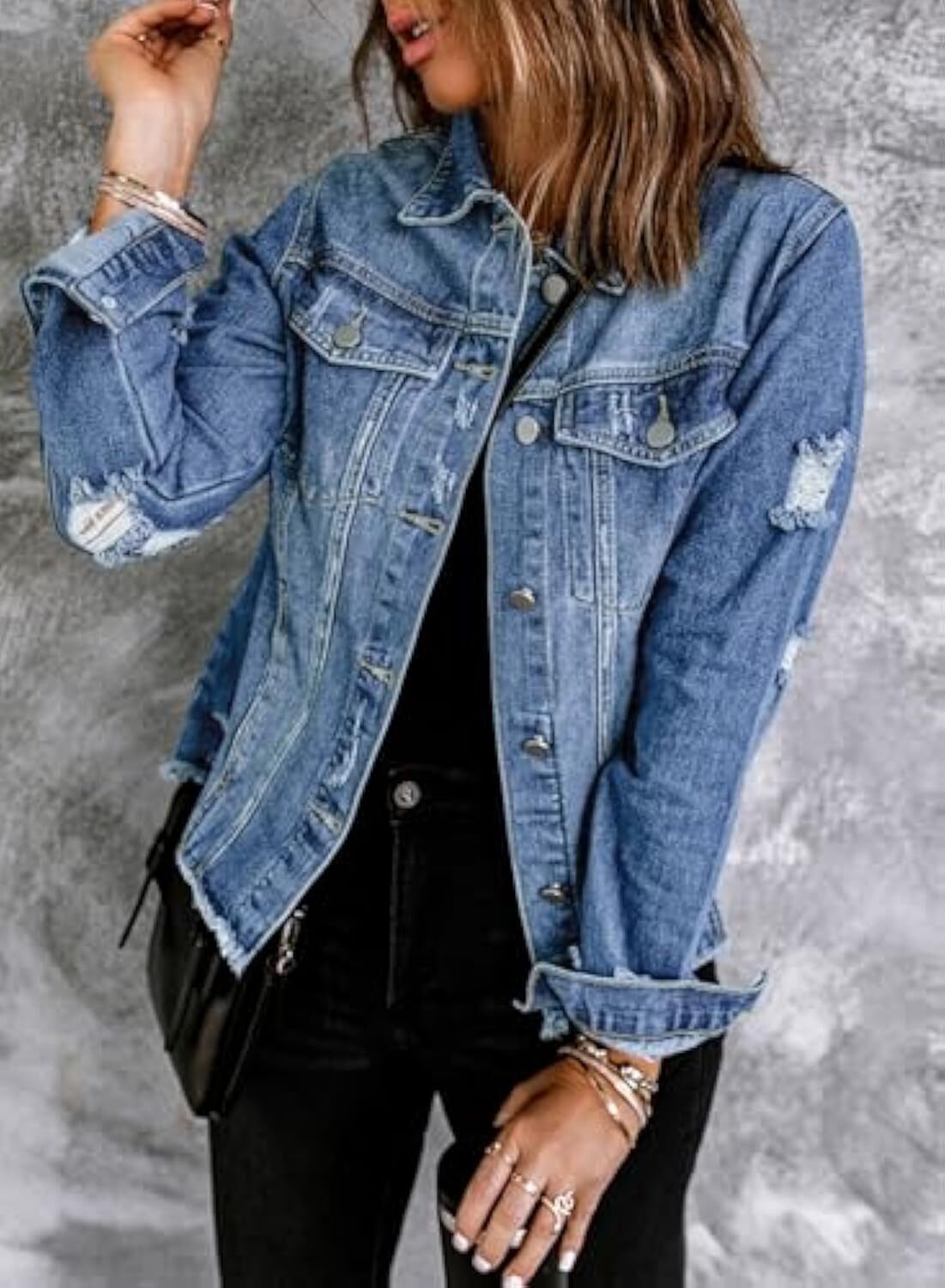 🔥Last day promotion⏰—Womens Washed Crop Denim Jacket With Pockets