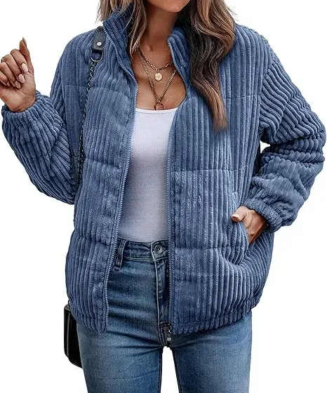 Women's Bomber Jacket Corduroy Ribbed Quilted Zip Up Long Sleeve Winter Coat Fall Outerwear Tops with Pockets ,PACKAGE SET