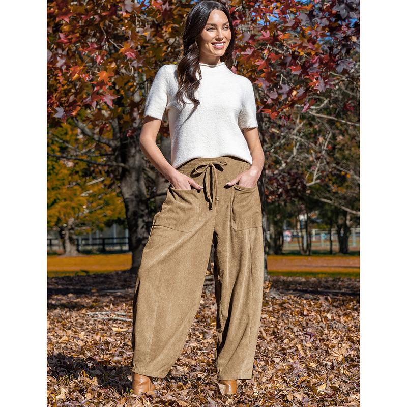 TARSE Women’s Corduroy Wide Leg Pants Baggy Minimalist Boho Pants Casual Elastic Waisted Palazzo Harem Pants with Pockets Trendy Barrel Trousers Halloween Womenswear Loose