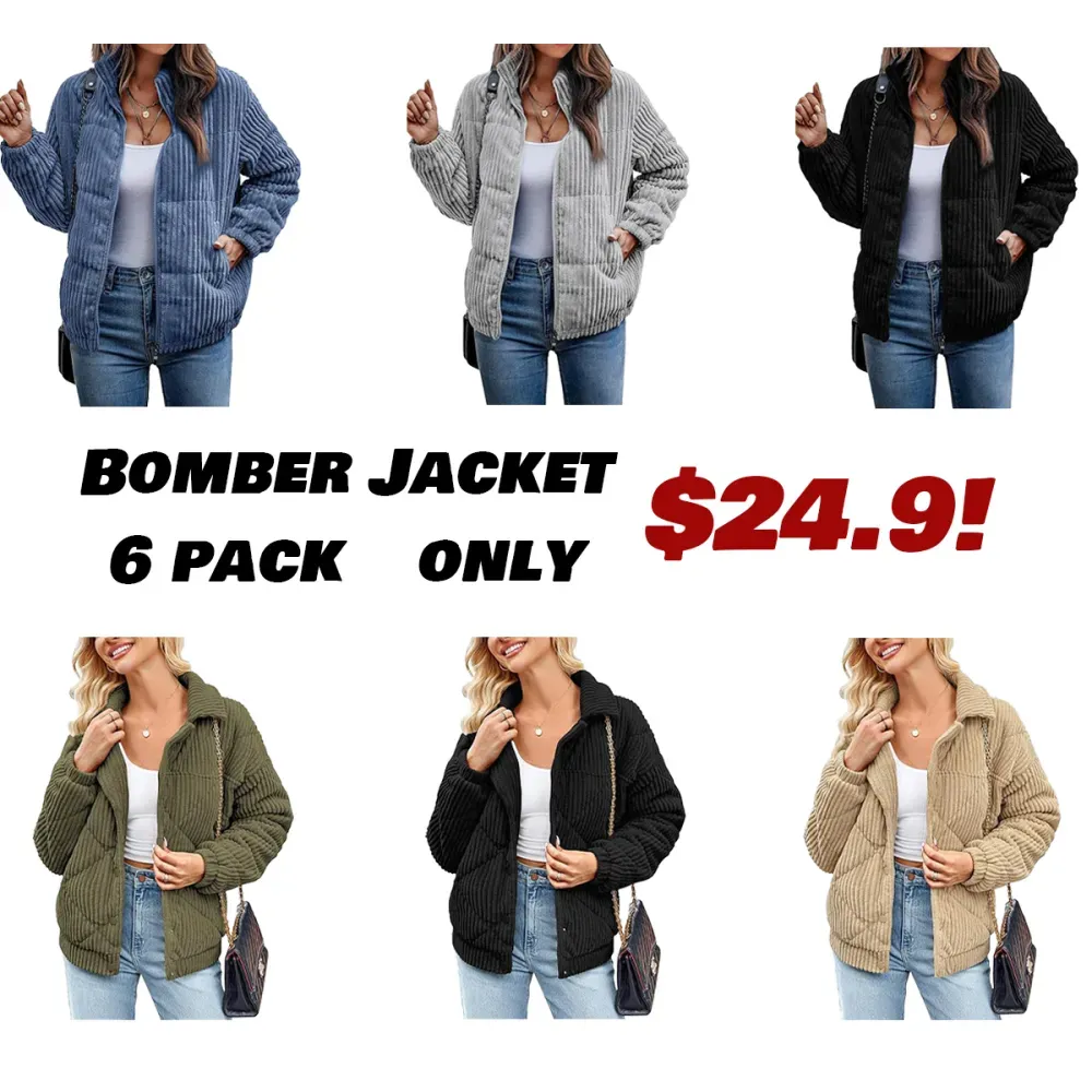 Women's Bomber Jacket Corduroy Ribbed Quilted Zip Up Long Sleeve Winte
