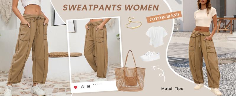 Tanming Women's High Waisted Barrel Sweatpants Baggy Wide Leg Drawstring Joggers with Pockets and Seam Stitch Details | Regular Lined for Fall & Spring, Cozy Fleece Lined for Winter