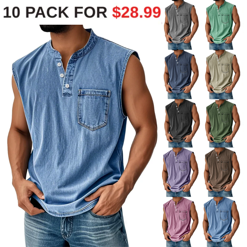 Men's Vintage Stand Collar Casual Pocket Solid Color Sleeveless Henley Vest