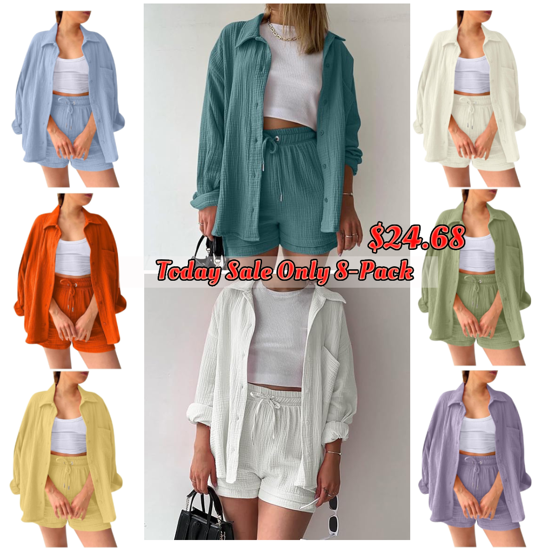 Women's Pleated Button Shirt Casual Suit