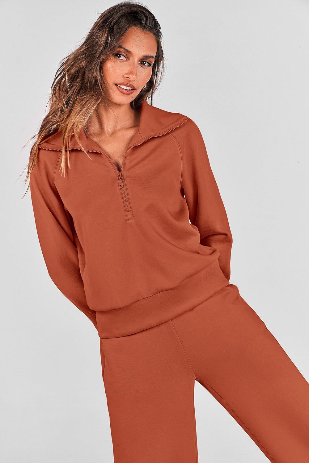 Women's 2 Piece Outfits Casual Lapel Half Zip Sweatshirts And Wide Leg Pants Tracksuit Sets