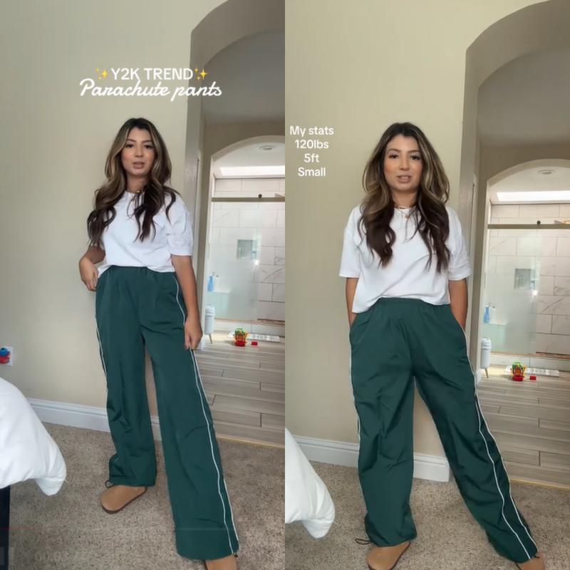 Ommig Women's Parachute Wideleg Pants Baggy Y2K Elastic Waist Wide Leg Track Pants Trousers Casual