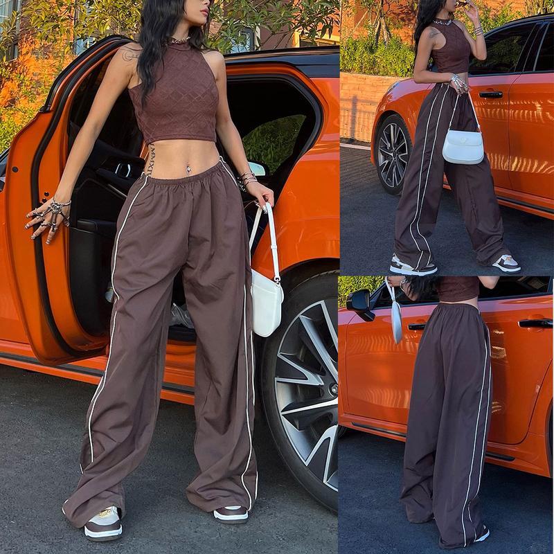 Ommig Women's Parachute Wideleg Pants Baggy Y2K Elastic Waist Wide Leg Track Pants Trousers Casual