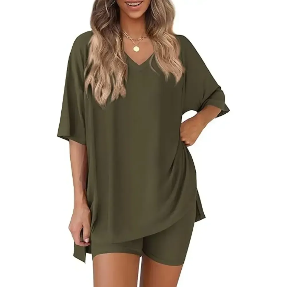 V Neck 2 Piece Sets for Women Summer Lounge Short Set Spring Matching Biker Shorts Oversized Shirt Clothing