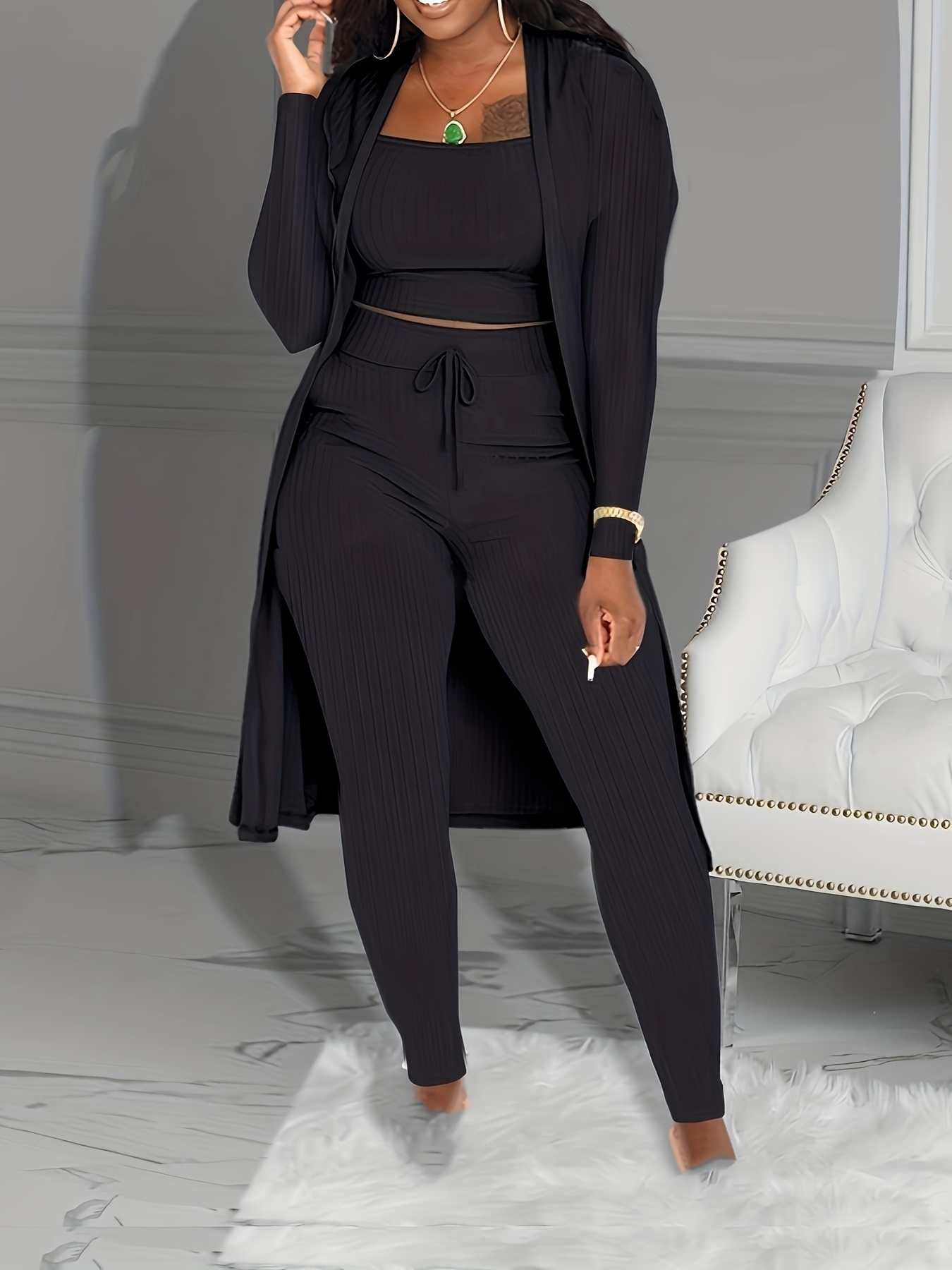 Women 3 Piece Wide Leg Pants Set Casual Long Sleeve Jacket Cardigan With Solid Tank Pants Set Dinner Suit Women