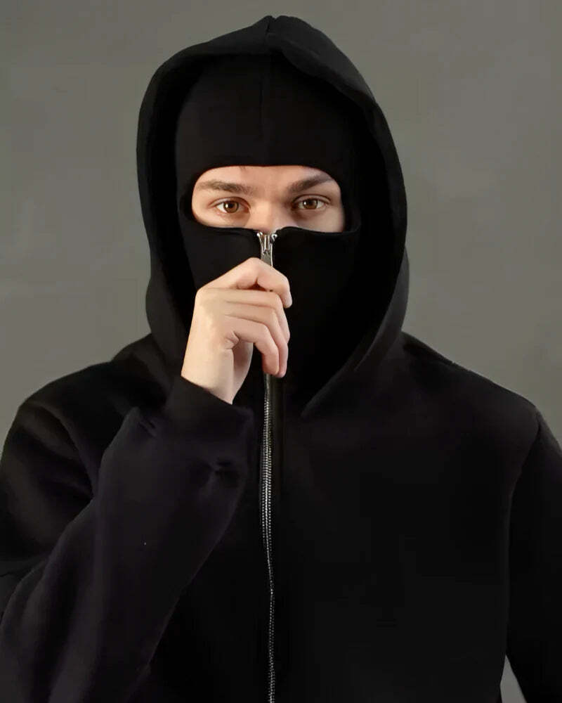 Unisex Hoodie with Built-In Eye Mask, Double Hooded Hoodie, Full Zip Hooded Sweatshirt for Cold Weather