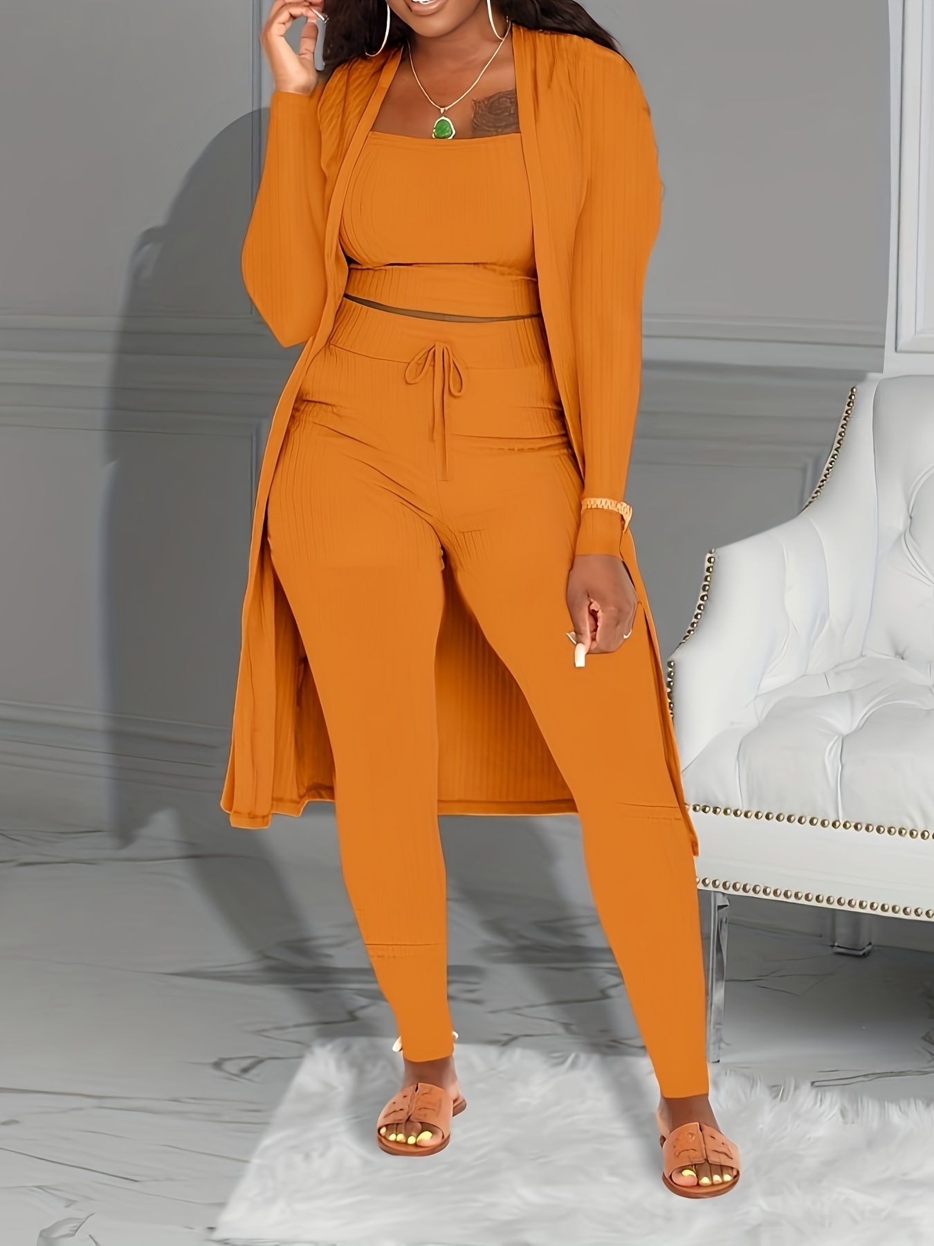 Women 3 Piece Wide Leg Pants Set Casual Long Sleeve Jacket Cardigan With Solid Tank Pants Set Dinner Suit Women