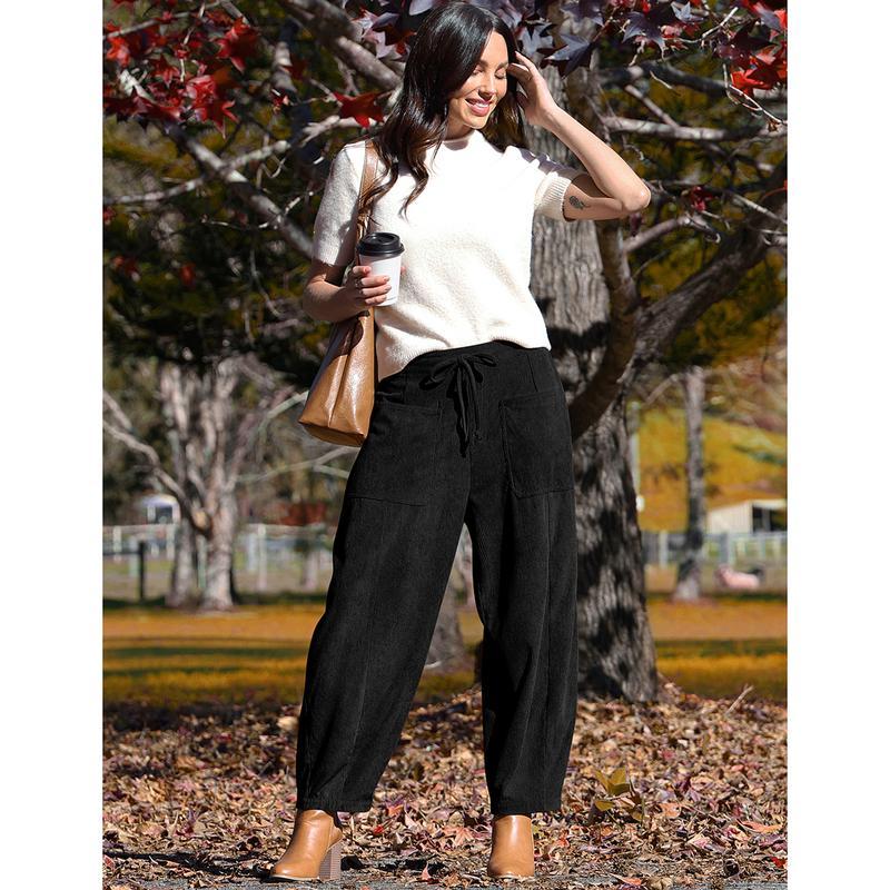 TARSE Women’s Corduroy Wide Leg Pants Baggy Minimalist Boho Pants Casual Elastic Waisted Palazzo Harem Pants with Pockets Trendy Barrel Trousers Halloween Womenswear Loose