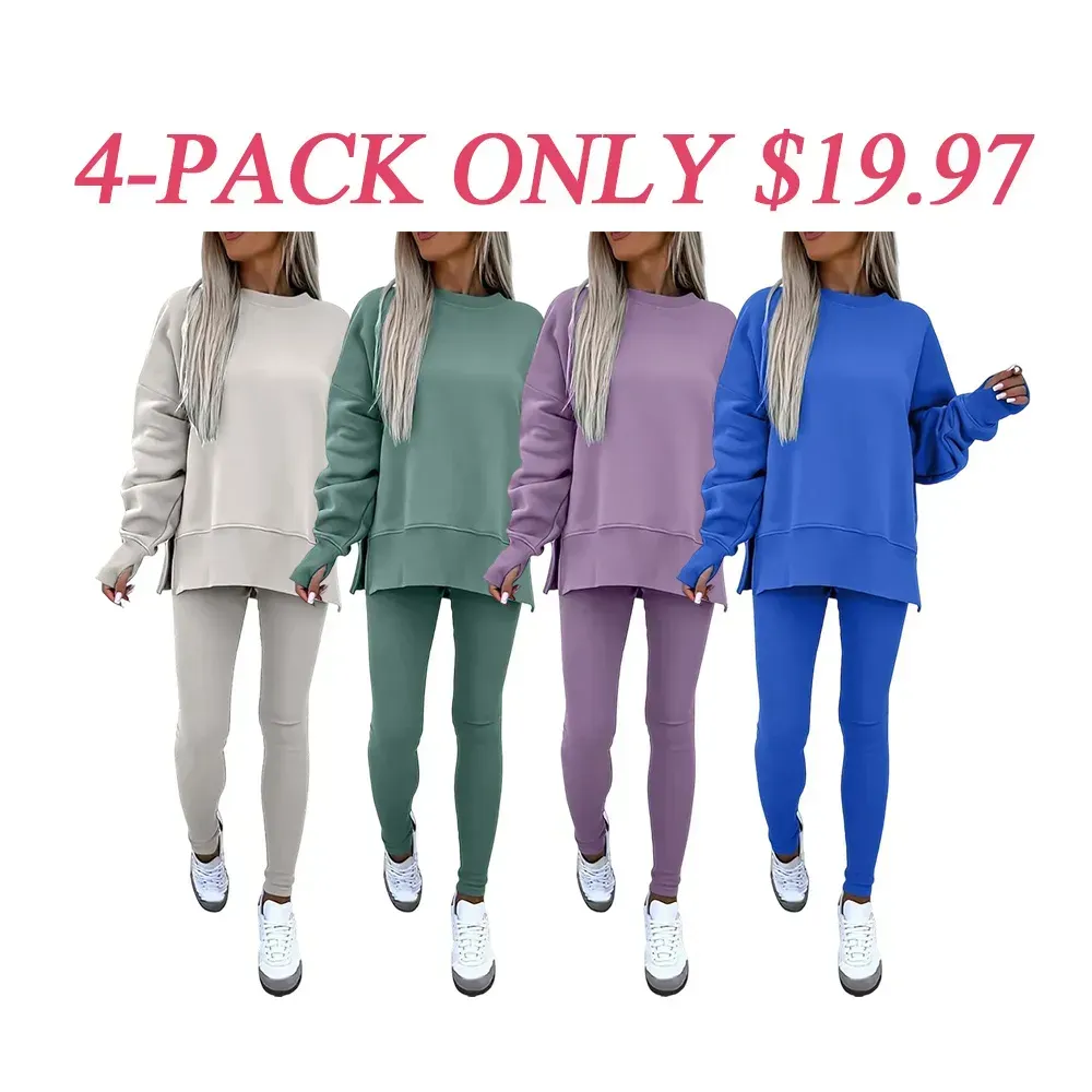 🔥6 PACKS $24🔥-Women's Drop-Shoulder Split Hem Sweatsuit Set