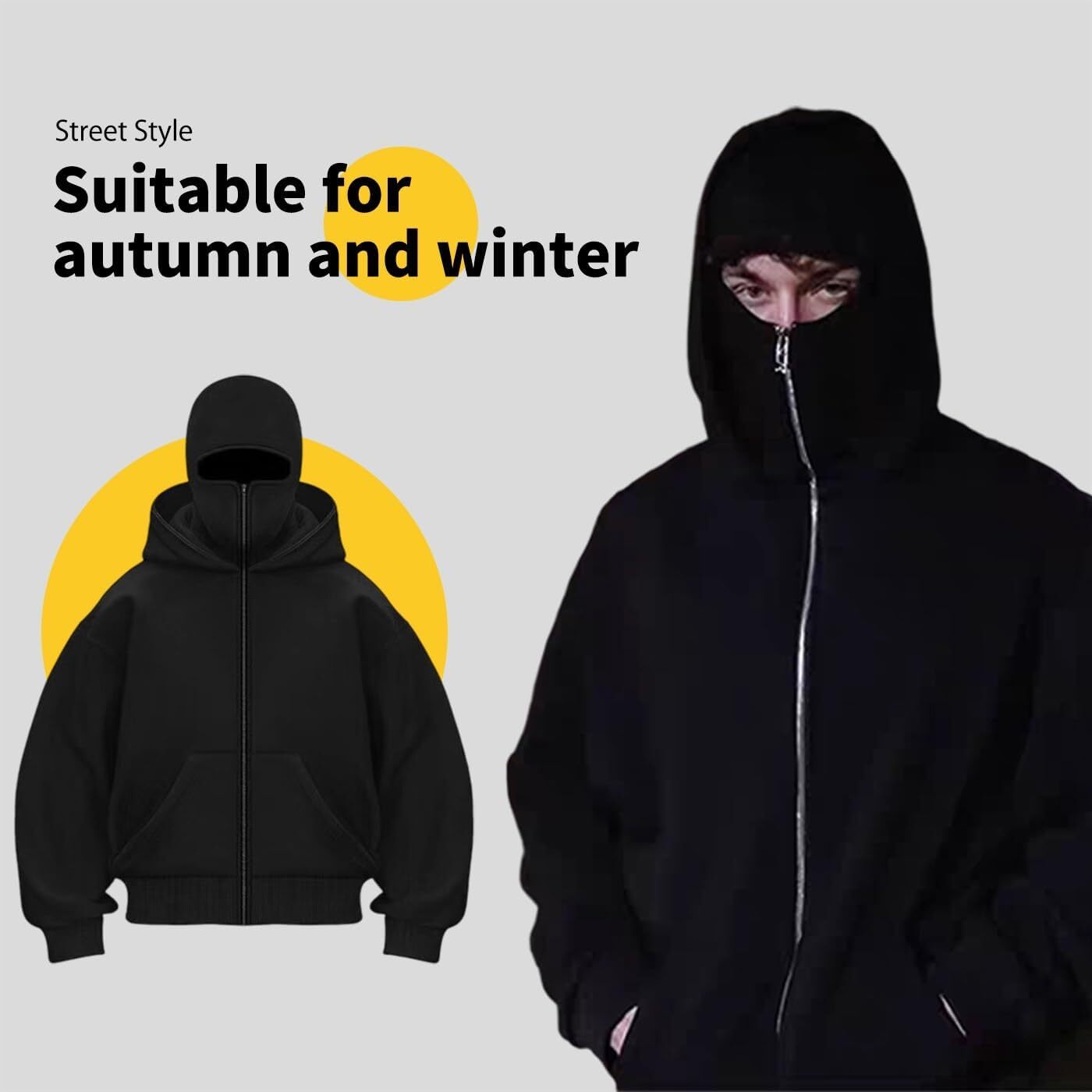 Unisex Hoodie with Built-In Eye Mask, Double Hooded Hoodie, Full Zip Hooded Sweatshirt for Cold Weather