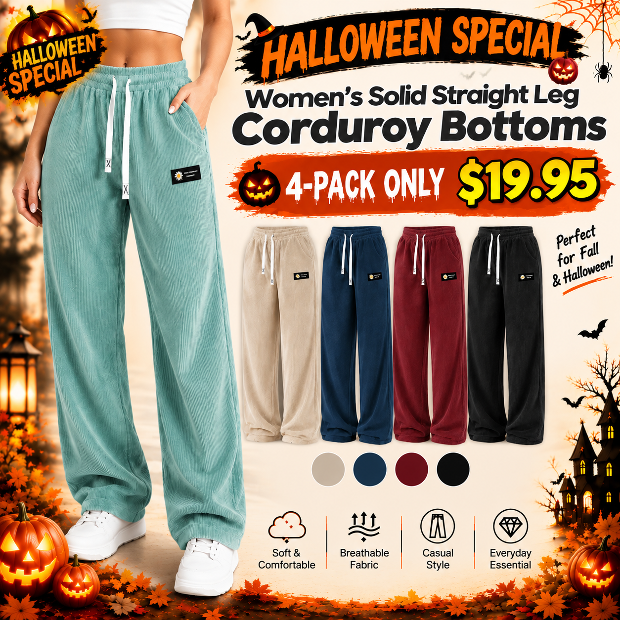 ✨Halloween SALE✨Women's Solid Straight Leg Corduroy Bottoms-100% Cotton