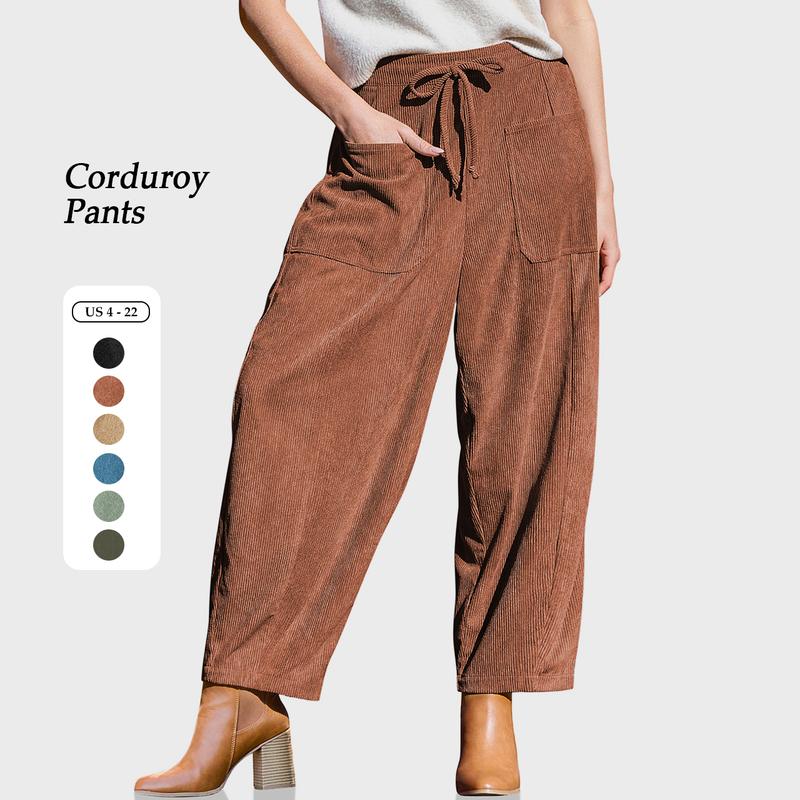 TARSE Women’s Corduroy Wide Leg Pants Baggy Minimalist Boho Pants Casual Elastic Waisted Palazzo Harem Pants with Pockets Trendy Barrel Trousers Halloween Womenswear Loose