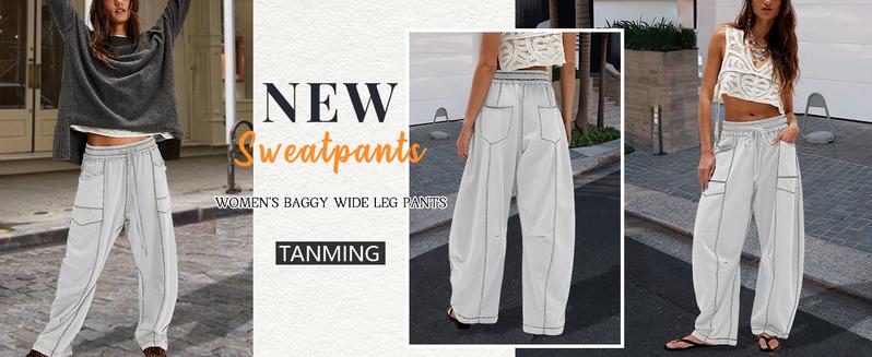 Tanming Women's High Waisted Barrel Sweatpants Baggy Wide Leg Drawstring Joggers with Pockets and Seam Stitch Details | Regular Lined for Fall & Spring, Cozy Fleece Lined for Winter
