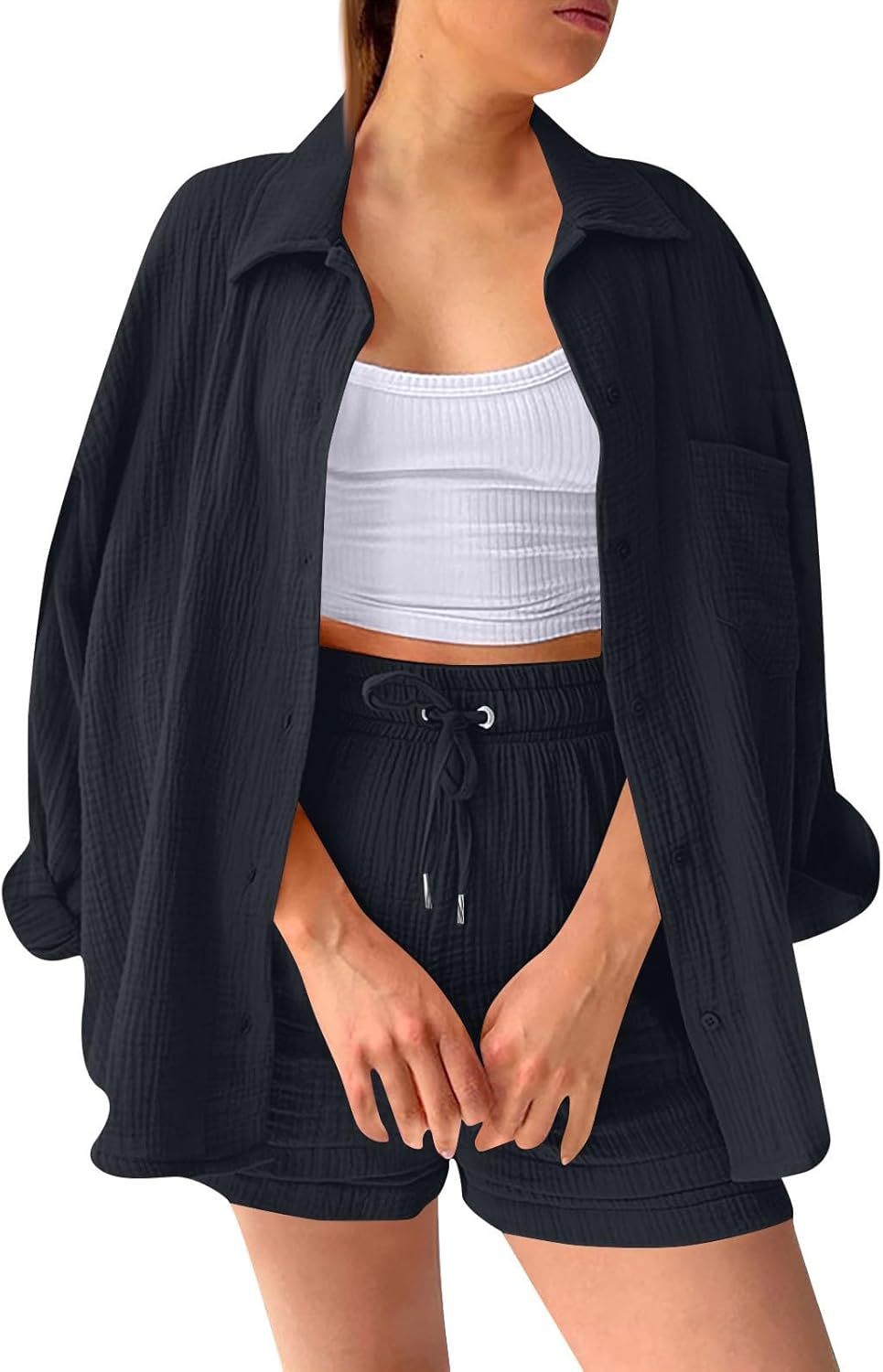 Two Piece Women's Elegant Summer Muslin Blouse Shirt and Shorts Clothes Aesthetic Two Piece Lounge Set Beach Outfit Set Two Piece Set Women Fashion Lightweight Outfits Clothing 2-Piece Set Y2k Clothes
