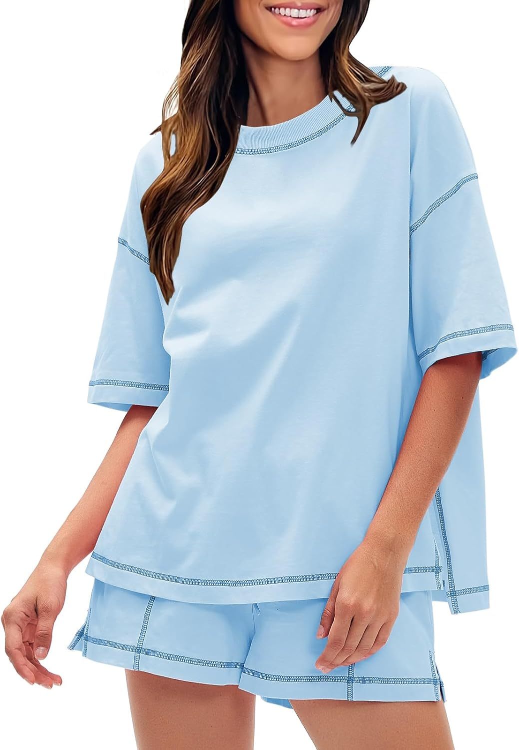 EXLURA Women's Casual Summer 2 Piece Sets 100% Cotton Short Sleeve Tshirt and Shorts Matching Sweatsuits Lounge Set 2026