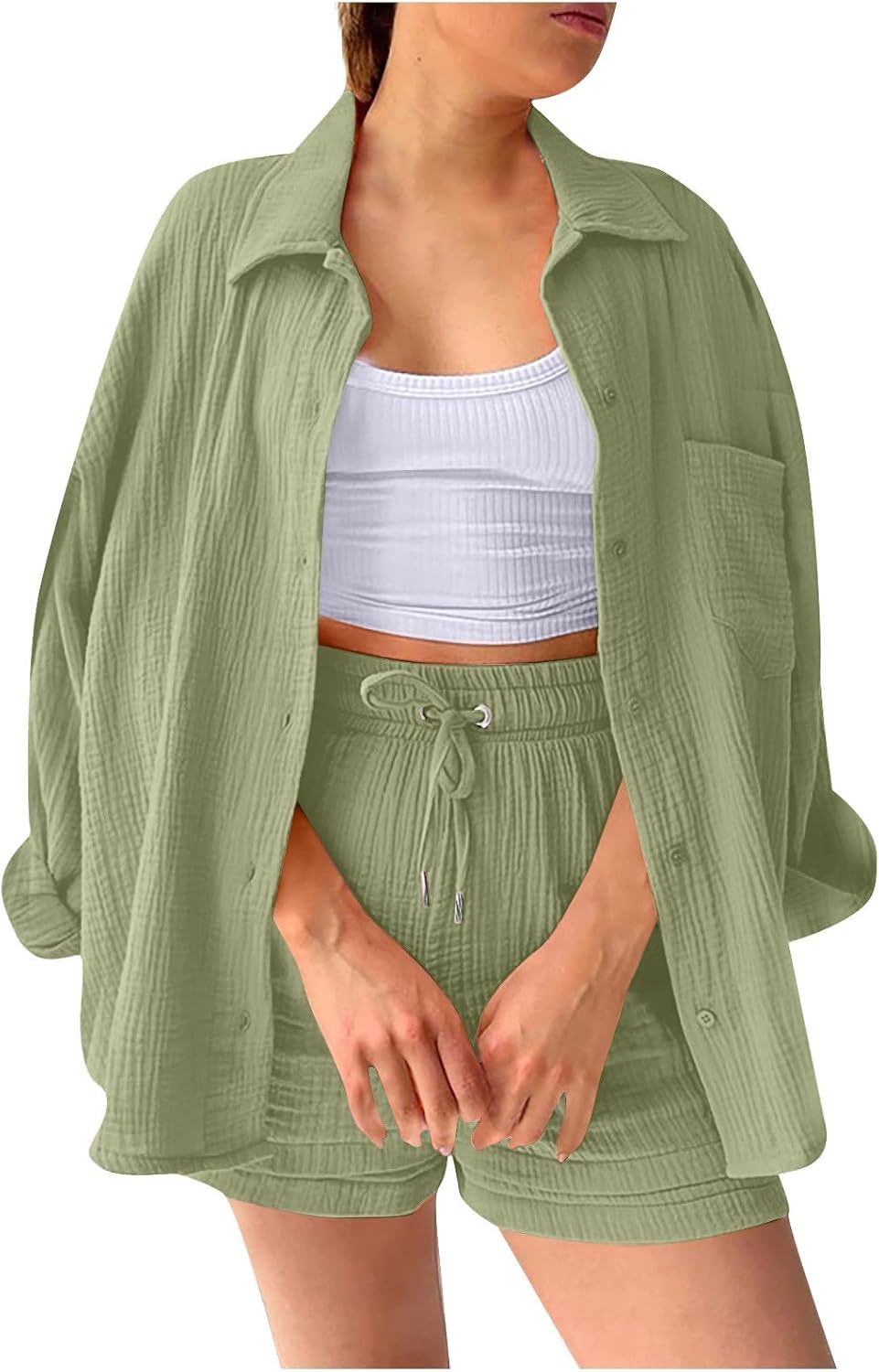 Two Piece Women's Elegant Summer Muslin Blouse Shirt and Shorts Clothes Aesthetic Two Piece Lounge Set Beach Outfit Set Two Piece Set Women Fashion Lightweight Outfits Clothing 2-Piece Set Y2k Clothes