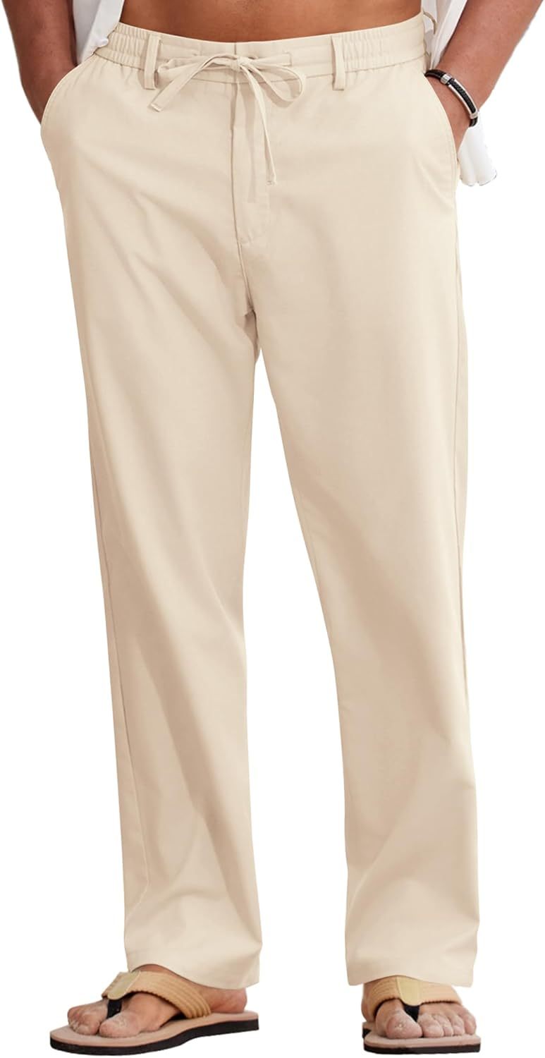 Mens Cotton Linen Pants Casual Drawstring Summer Beach Pants Lightweight Linen Dress Trousers