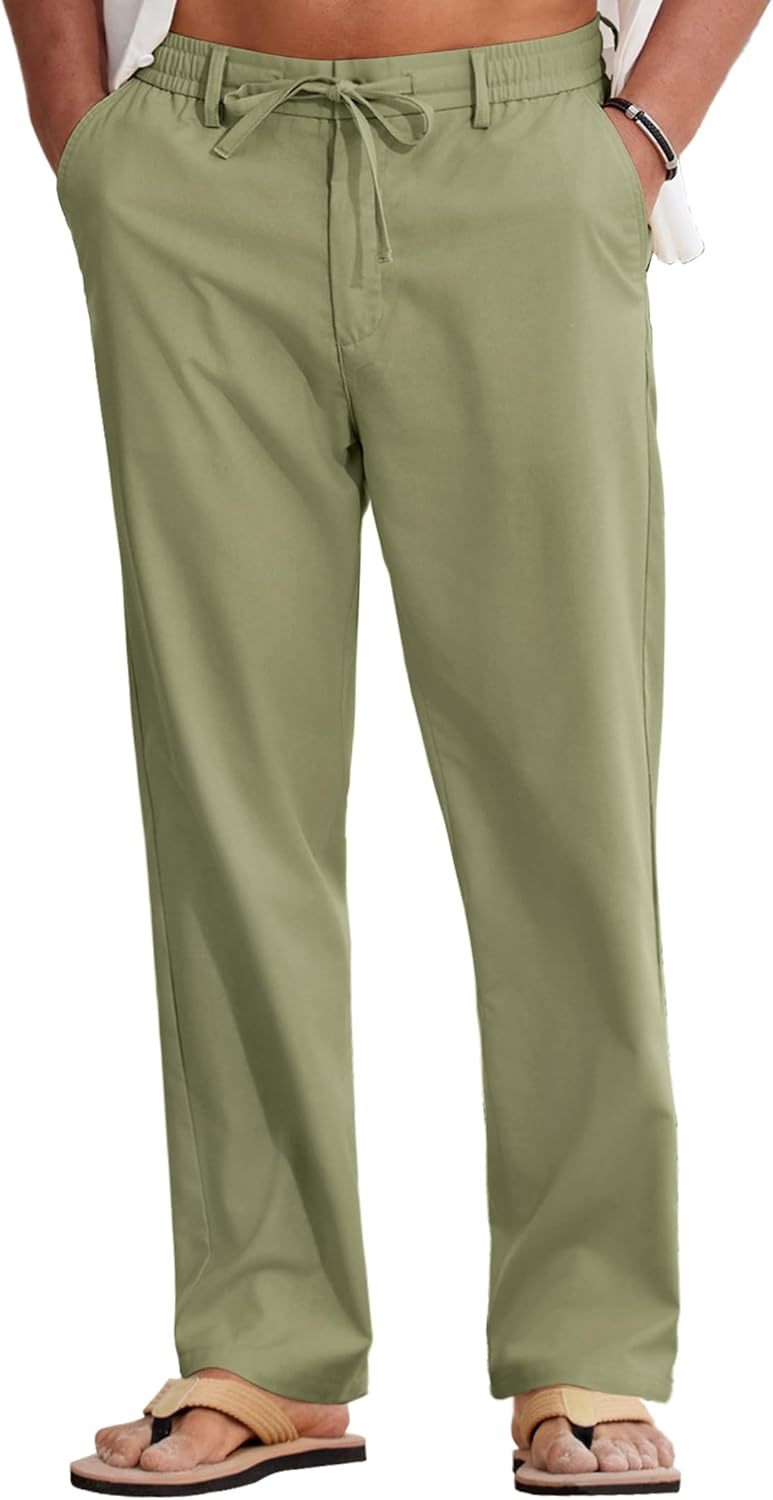 Mens Cotton Linen Pants Casual Drawstring Summer Beach Pants Lightweight Linen Dress Trousers