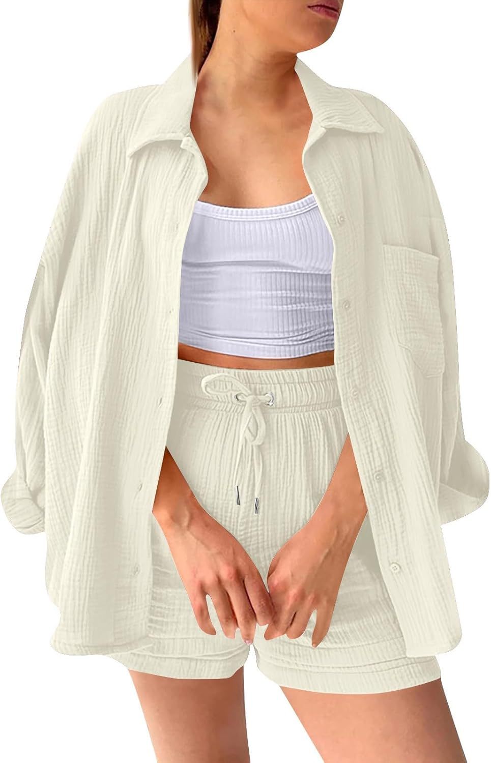 Two Piece Women's Elegant Summer Muslin Blouse Shirt and Shorts Clothes Aesthetic Two Piece Lounge Set Beach Outfit Set Two Piece Set Women Fashion Lightweight Outfits Clothing 2-Piece Set Y2k Clothes