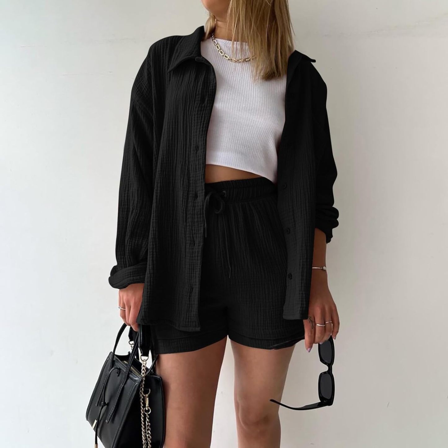 Two Piece Women's Elegant Summer Muslin Blouse Shirt and Shorts Clothes Aesthetic Two Piece Lounge Set Beach Outfit Set Two Piece Set Women Fashion Lightweight Outfits Clothing 2-Piece Set Y2k Clothes