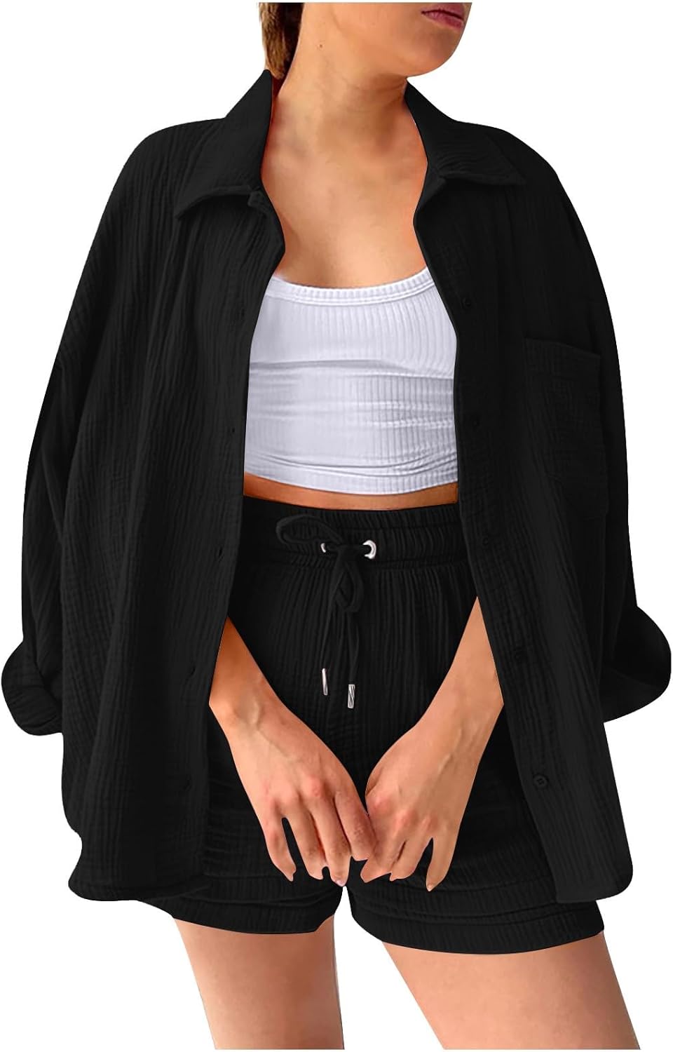 Two Piece Women's Elegant Summer Muslin Blouse Shirt and Shorts Clothes Aesthetic Two Piece Lounge Set Beach Outfit Set Two Piece Set Women Fashion Lightweight Outfits Clothing 2-Piece Set Y2k Clothes