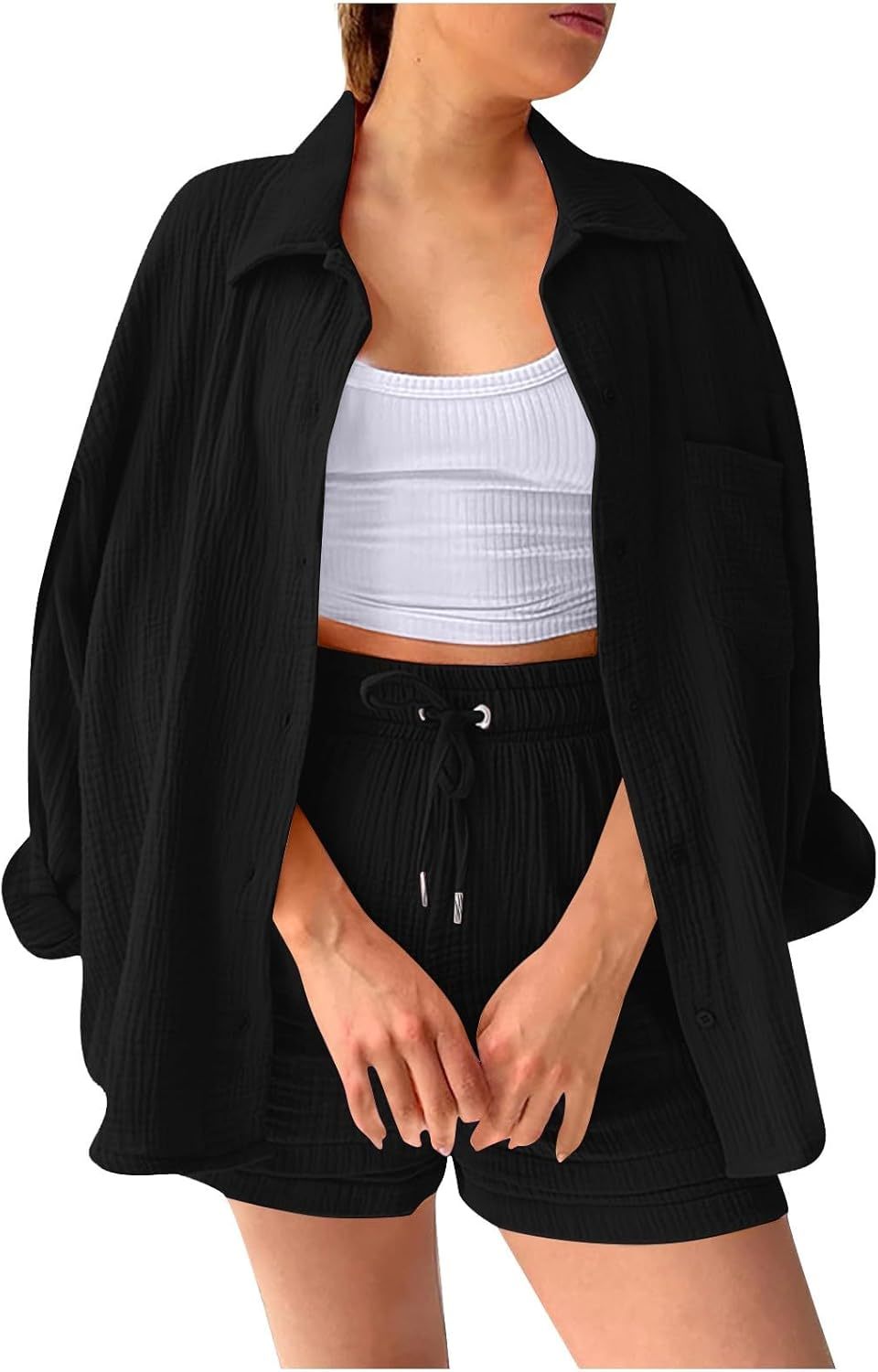 Two Piece Women's Elegant Summer Muslin Blouse Shirt and Shorts Clothes Aesthetic Two Piece Lounge Set Beach Outfit Set Two Piece Set Women Fashion Lightweight Outfits Clothing 2-Piece Set Y2k Clothes