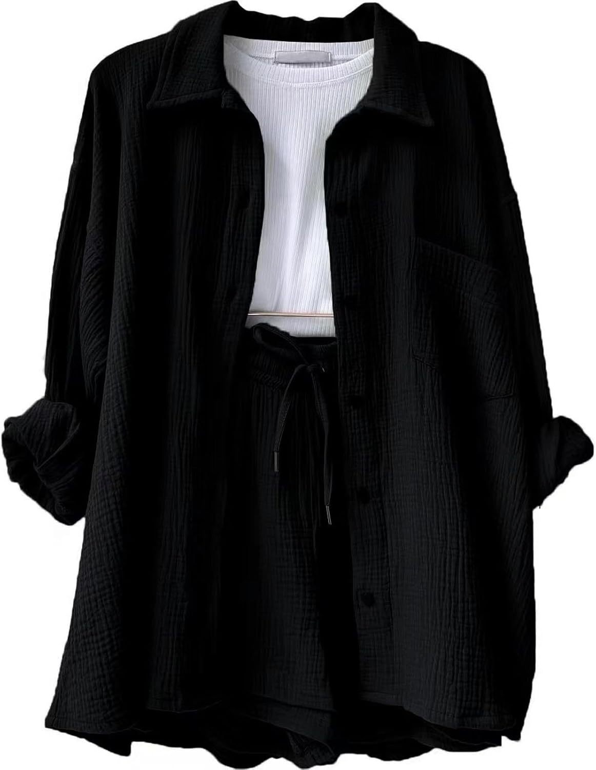 Two Piece Women's Elegant Summer Muslin Blouse Shirt and Shorts Clothes Aesthetic Two Piece Lounge Set Beach Outfit Set Two Piece Set Women Fashion Lightweight Outfits Clothing 2-Piece Set Y2k Clothes