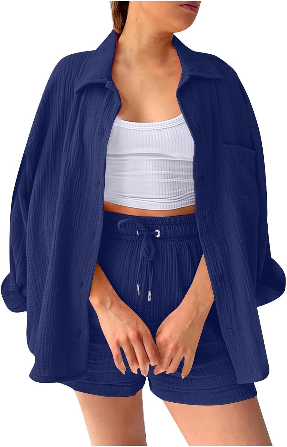 Two Piece Women's Elegant Summer Muslin Blouse Shirt and Shorts Clothes Aesthetic Two Piece Lounge Set Beach Outfit Set Two Piece Set Women Fashion Lightweight Outfits Clothing 2-Piece Set Y2k Clothes