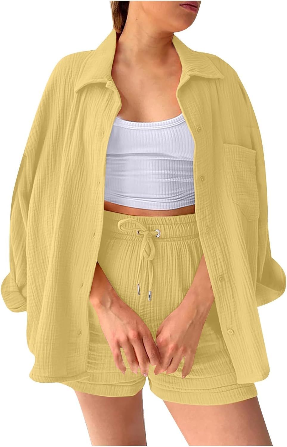 Two Piece Women's Elegant Summer Muslin Blouse Shirt and Shorts Clothes Aesthetic Two Piece Lounge Set Beach Outfit Set Two Piece Set Women Fashion Lightweight Outfits Clothing 2-Piece Set Y2k Clothes