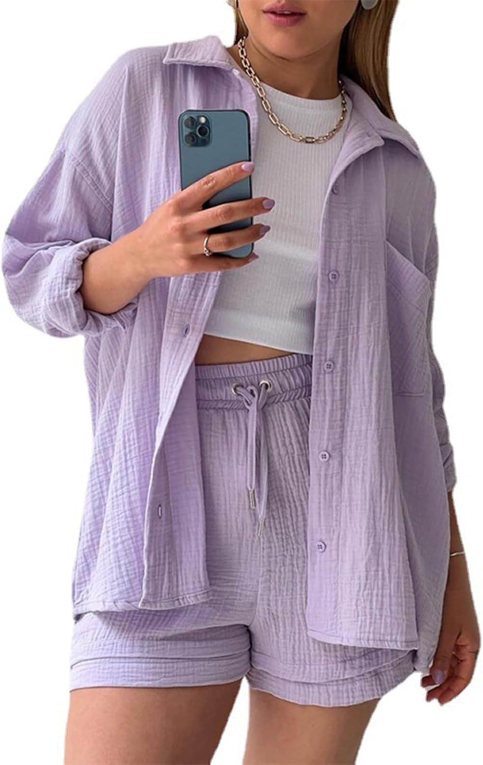 Two Piece Women's Elegant Summer Muslin Blouse Shirt and Shorts Clothes Aesthetic Two Piece Lounge Set Beach Outfit Set Two Piece Set Women Fashion Lightweight Outfits Clothing 2-Piece Set Y2k Clothes