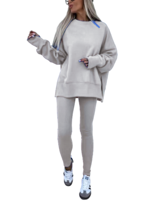 Women's Solid Drop Shoulder Split Hem Sweatshirt & Pants Two-piece Set, Casual Fashion Cozy Breathable Outfits for Daily Outdoor Wear, Ladies Sportswear for All Seasons