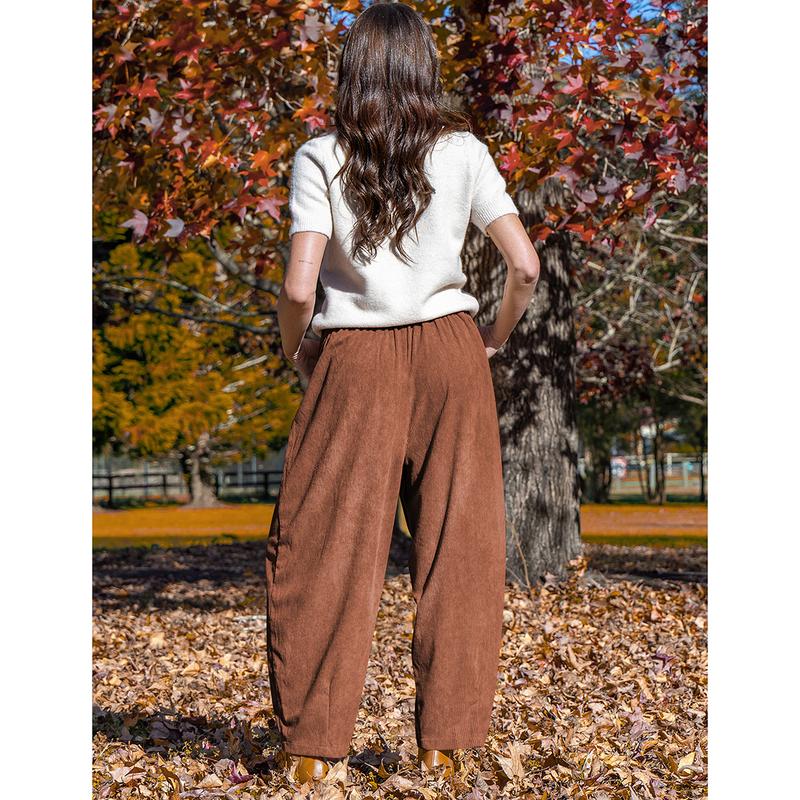 TARSE Women’s Corduroy Wide Leg Pants Baggy Minimalist Boho Pants Casual Elastic Waisted Palazzo Harem Pants with Pockets Trendy Barrel Trousers Halloween Womenswear Loose