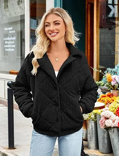 Women's Bomber Jacket Corduroy Ribbed Quilted Zip Up Long Sleeve Winter Coat Fall Outerwear Tops with Pockets ,PACKAGE SET