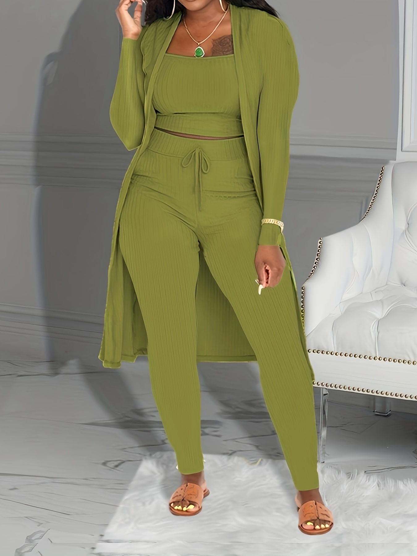 Women 3 Piece Wide Leg Pants Set Casual Long Sleeve Jacket Cardigan With Solid Tank Pants Set Dinner Suit Women