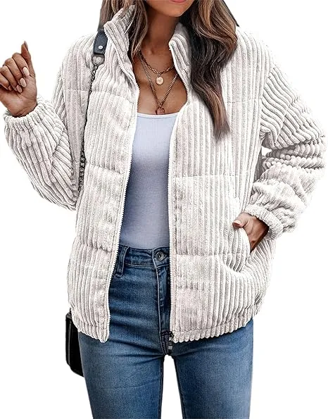 Women's Bomber Jacket Corduroy Ribbed Quilted Zip Up Long Sleeve Winter Coat Fall Outerwear Tops with Pockets ,PACKAGE SET