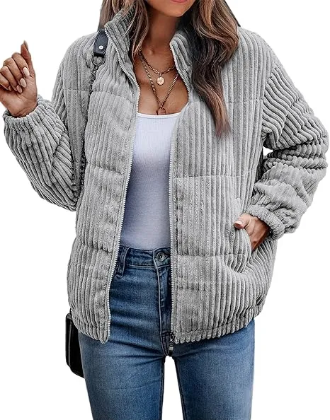 Women's Bomber Jacket Corduroy Ribbed Quilted Zip Up Long Sleeve Winter Coat Fall Outerwear Tops with Pockets ,PACKAGE SET