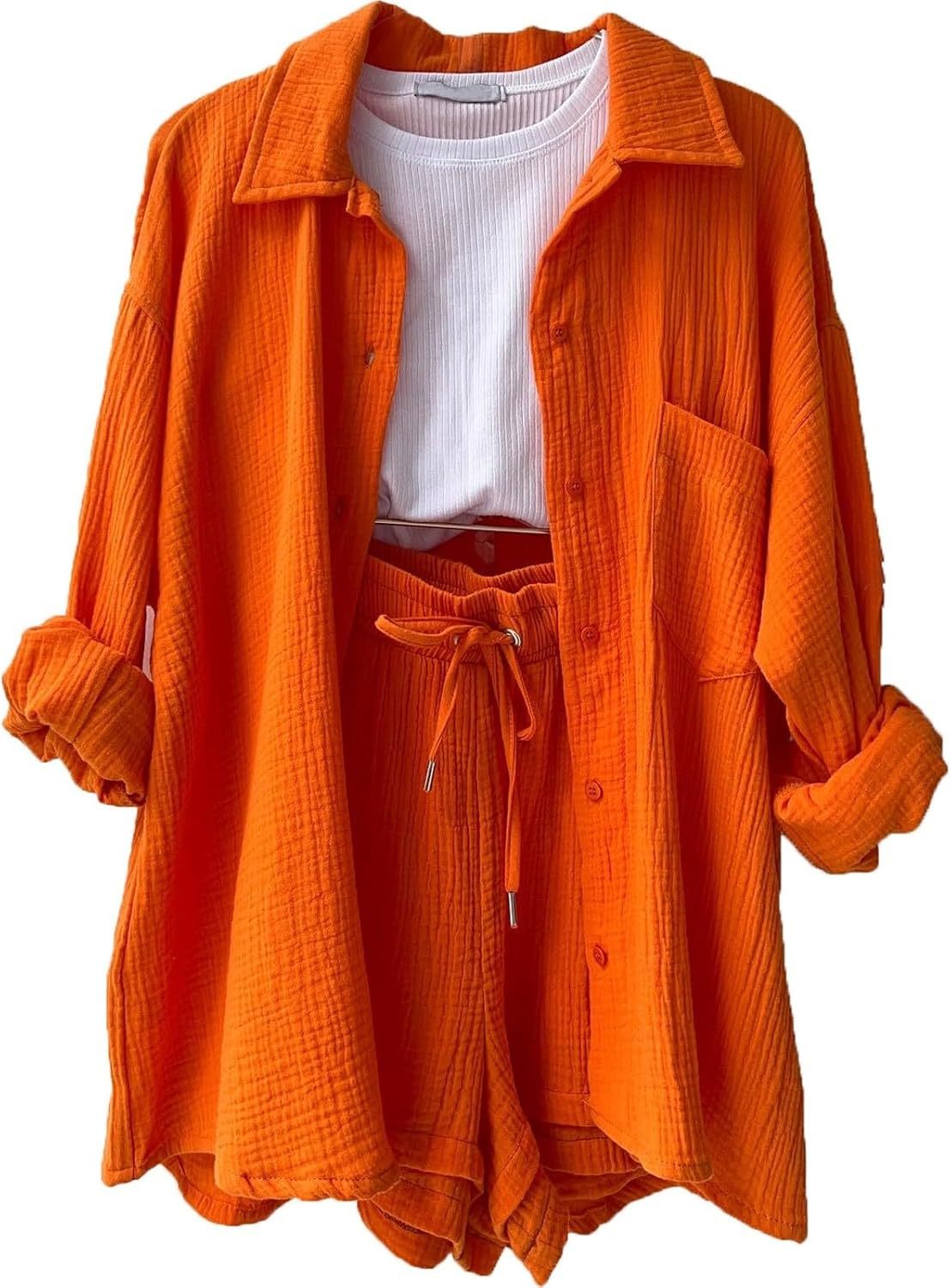 Two Piece Women's Elegant Summer Muslin Blouse Shirt and Shorts Clothes Aesthetic Two Piece Lounge Set Beach Outfit Set Two Piece Set Women Fashion Lightweight Outfits Clothing 2-Piece Set Y2k Clothes