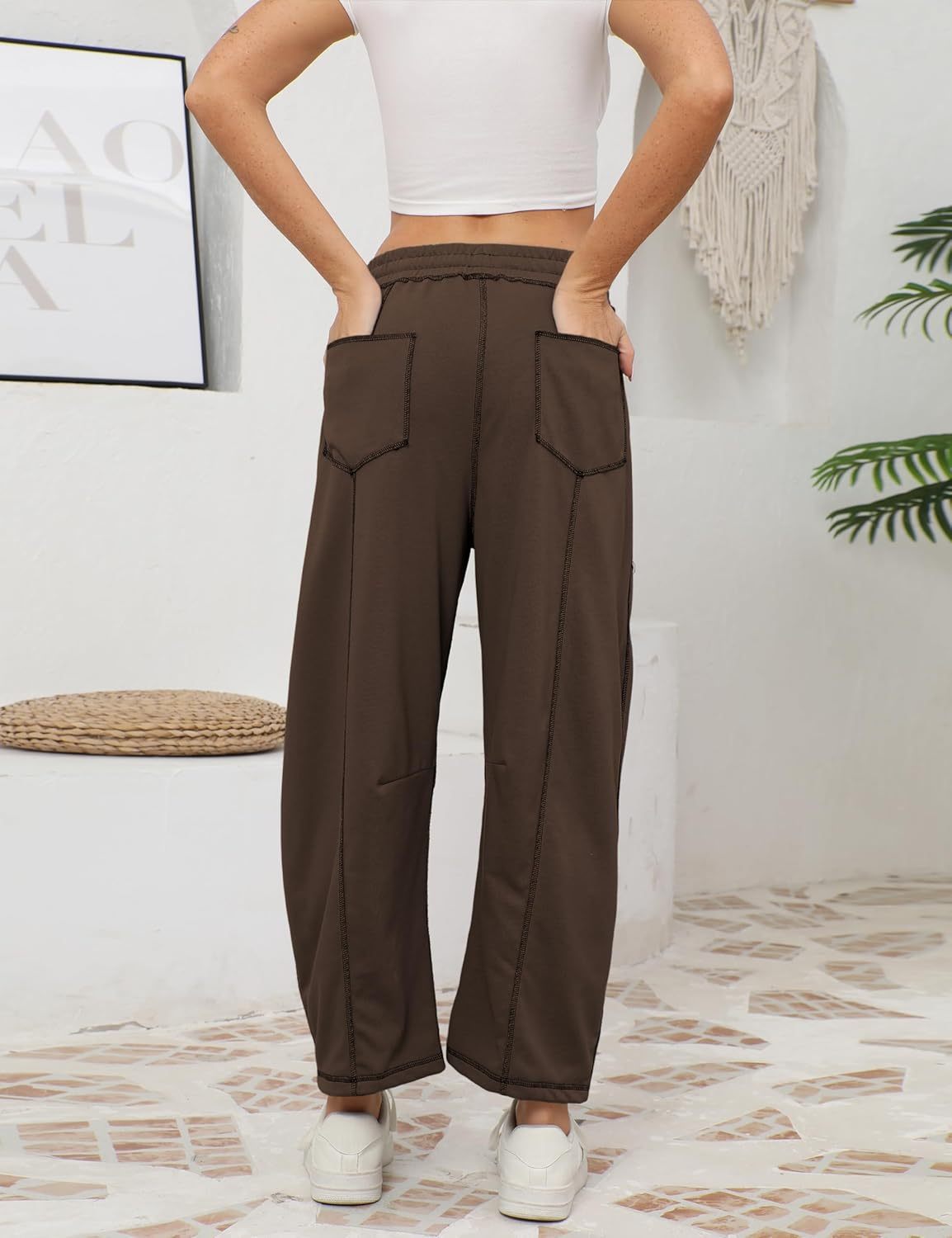 Womens Baggy Barrel Pants Wide Leg Lounge Drawstring Sweatpants with Pockets