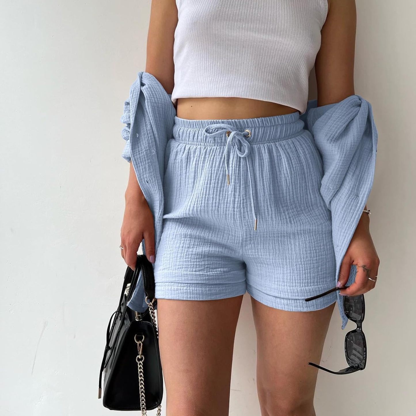 Two Piece Women's Elegant Summer Muslin Blouse Shirt and Shorts Clothes Aesthetic Two Piece Lounge Set Beach Outfit Set Two Piece Set Women Fashion Lightweight Outfits Clothing 2-Piece Set Y2k Clothes