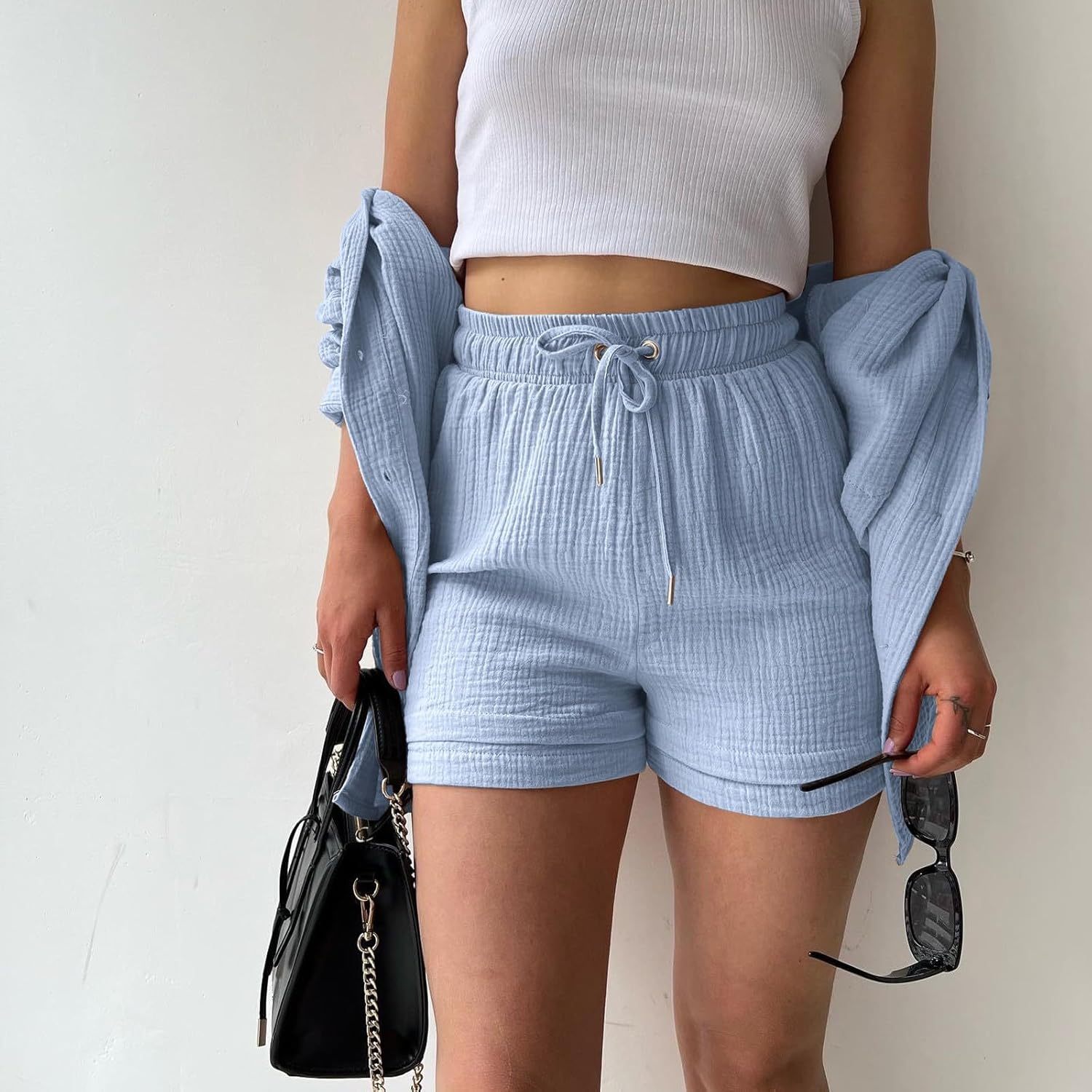 Two Piece Women's Elegant Summer Muslin Blouse Shirt and Shorts Clothes Aesthetic Two Piece Lounge Set Beach Outfit Set Two Piece Set Women Fashion Lightweight Outfits Clothing 2-Piece Set Y2k Clothes